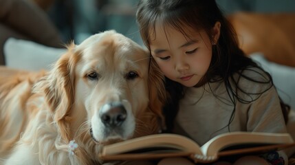 A Heartwarming scene of a young Asian girl reading a book to her attentive golden retriever