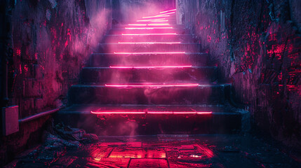 Neon-lit stairs winding through a dark alley, offering a surreal path through the urban landscape