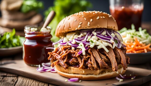 homemade pulled pork burger with coleslaw and bbq sauce
