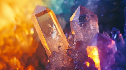 Illuminated Quartz Crystal with Rainbow Reflections - obrazy, fototapety, plakaty