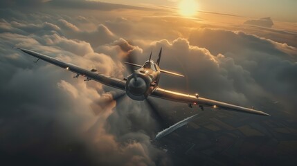 A World War II fighter plane is flying over a WWII city - obrazy, fototapety, plakaty