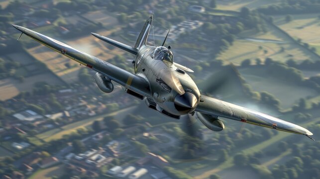 A World War II fighter plane is flying over a WWII city