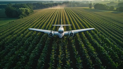 Aerial view of a propeller plane, flying low, spraying agricultural fertilizer Above the lush corn fields - obrazy, fototapety, plakaty