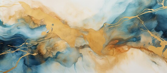 A modern painting featuring a mix of shimmering gold and deep blue paint, creating an elegant and artistic composition