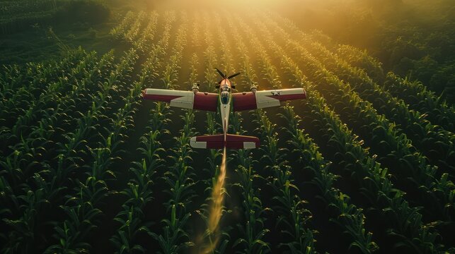 Aerial view of a propeller plane, flying low, spraying agricultural fertilizer Above the lush corn fields