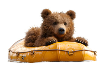 A 3D animated cartoon render of a cute cartoon bear paddling a bright yellow raft.