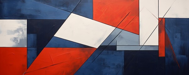 Navy Blue and red painting, in the style of orange and beige, luxurious geometry, puzzle-like pieces
