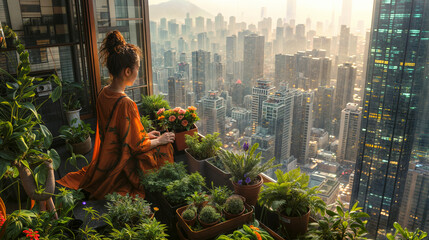 woman sitting on the balcony of a high-rise surrounded by plants and looking down to the big city, indoor gardening concept