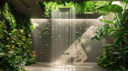 Decorate Design of Luxury eco-friendly shower featuring ceiling-mounted rain shower head in modern bathroom with lush greenery