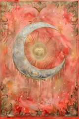  water color painting features a muted soft pastel pink background, evoking a sense of growth and renewal. In the center, a prominent, silver crescent moon is adorned with intricate, swirling