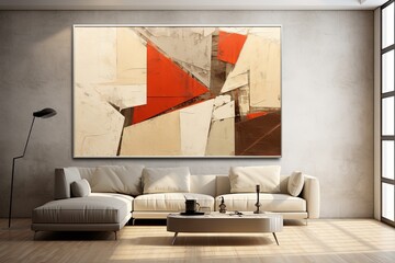 Olive and red painting, in the style of orange and beige, luxurious geometry, puzzle-like pieces