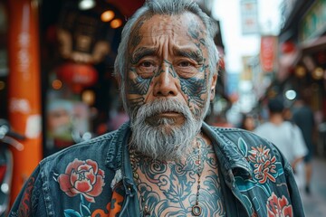 A bearded man showcasing intricate tattoo sleeves in a casual denim jacket wanders an urban alley with vibrant cultural ambiance