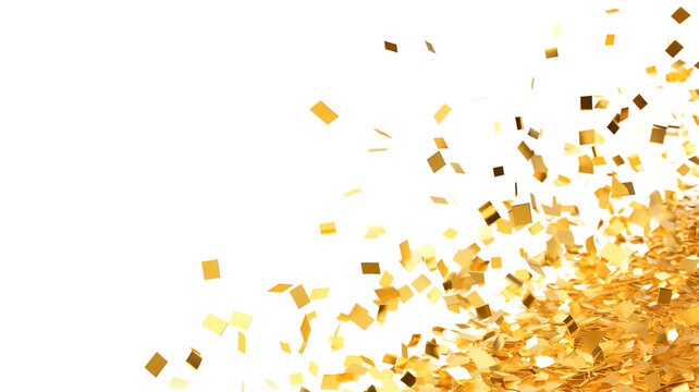 Golden confetti falling down isolated on white background.
