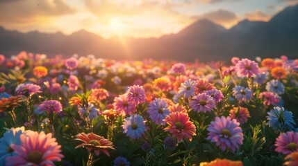 Flower field, morning sun warm light, nature landscape