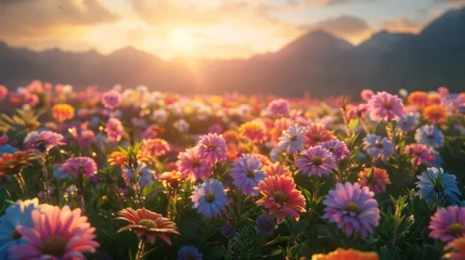 Fotobehang Flower field, morning sun warm light, nature landscape © Attasit