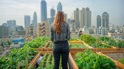 woman standing in a rooftop garden of a high-rise, urban gardening concept - 764695553