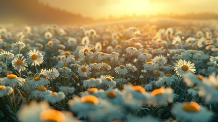 Wandcirkels aluminium Flower field, morning sun warm light, nature landscape © Attasit