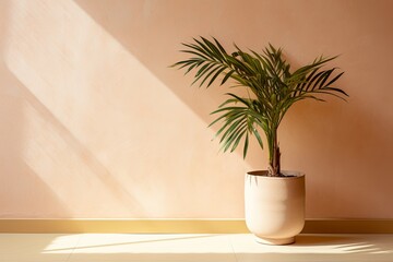 Potted plant on table in front of beige wall