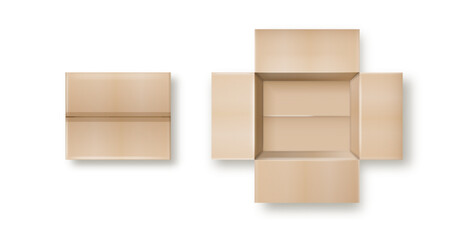 Box. Empty open and closed cardboard box. Realistic cardboard box mockup set from side, front and top view open and closed isolated on white background. Parcel packaging template. Vector