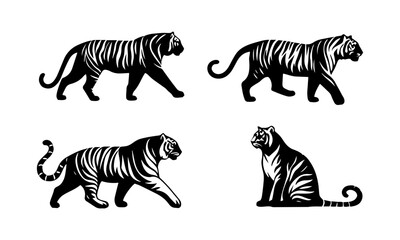 Fototapeta na wymiar tiger silhouette icons set simple style vector image,black and white tiger silhouettes set 1