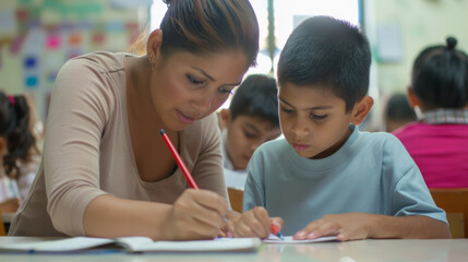 A teacher assists young students with their work in a classroom setting.