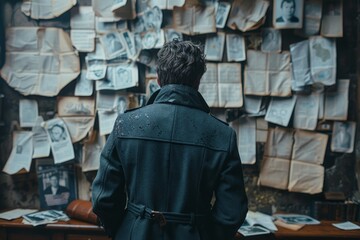 A man contemplates a wall full of scattered papers, possibly clues, piqued by the mystery of the content in a dark and moody setting
