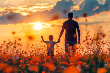 father and son walking to the sunset, in a flower meadow - 764695919