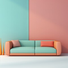 Orange l shaped couch isolated on blue wallpaper, in the style of light pink and light green