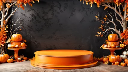 Tuinposter Orange Halloween Display Background, product platform scene display, Background orange autumn podium 3D render scary party spooky fall, happy Halloween mock up abstract studio pedestal, ad, podium © aiximagination
