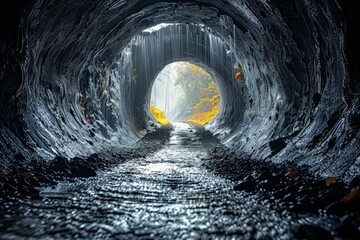 A captivating view down a mysterious tunnel leading towards a bright natural light, suggesting hope...