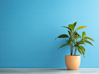 Fototapeta na wymiar Potted plant on table in front of azure wall, in the style of minimalist backgrounds, exotic