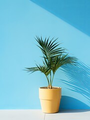 Potted plant on table in front of azure wall, in the style of minimalist backgrounds, exotic
