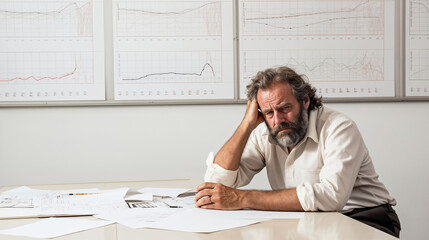 a frustrated man sits in his office, frustrated about the poor order situation - 764696359