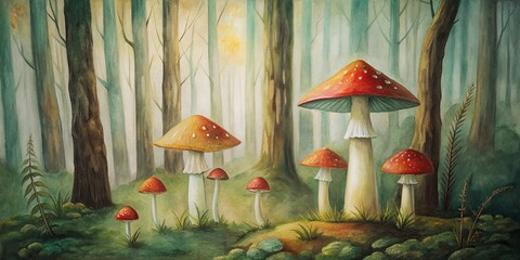 Painting Minimalism Mushrooms in the Forest Acrylic Art