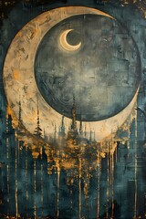 Heraldic moon oil painting in vintage classic style. 