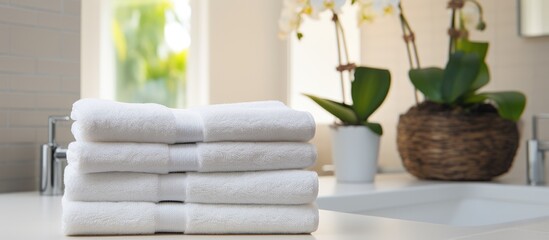 An up-close view of a neat arrangement of white towels placed on a flat surface