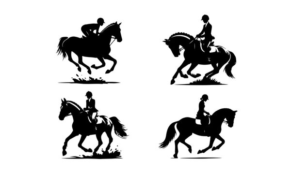 HORSE RIDING silhouette icons set simple style vector image,black and white HORSES vector,silhouettes set