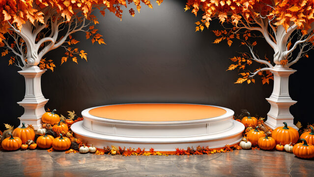 Orange Halloween Display Background, product platform scene display, Background orange autumn podium 3D render scary party spooky fall, happy Halloween mock up abstract studio pedestal, ad, podium