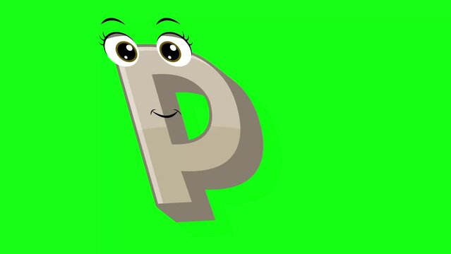 Cartoon style letter p 2d animation with green screen background, p alphabet dancing letters for little kids