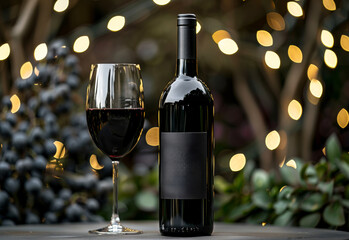 Bottle of red wine and glass of wine on table with blurred background of garland