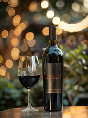 Bottle of red wine and glass of wine on table in garden with bokeh of party lights in the background