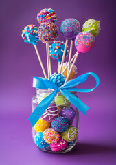 Colorful cake pops in jar on purple background