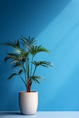 Potted plant on table in front of blue wall, in the style of minimalist backgrounds, exotic