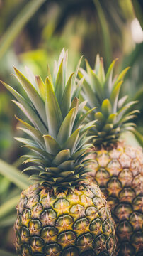 Phone format background with pineapples. Toned photo for stories template with copy space