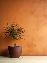 Potted plant on table in front of brown wall, in the style of minimalist backgrounds, exotic