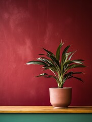 Potted plant on table in front of burgundy wall, in the style of minimalist backgrounds