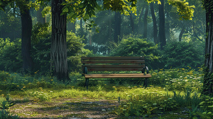 bench in park and forest background relaxation scene.