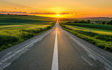 Road cuts through green field at sunset