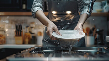 Close up of woman is washing plate in the modern kitchen. - obrazy, fototapety, plakaty