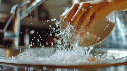 Close up of woman is washing plate in the modern kitchen. - obrazy, fototapety, plakaty